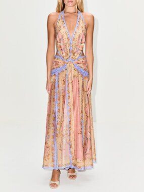 NWT Zimmermann Indra Cotton Silk Halter Cutout Maxi Dress Floral Pink Orange